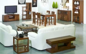 Salón elegante con decoración y muebles en nogal