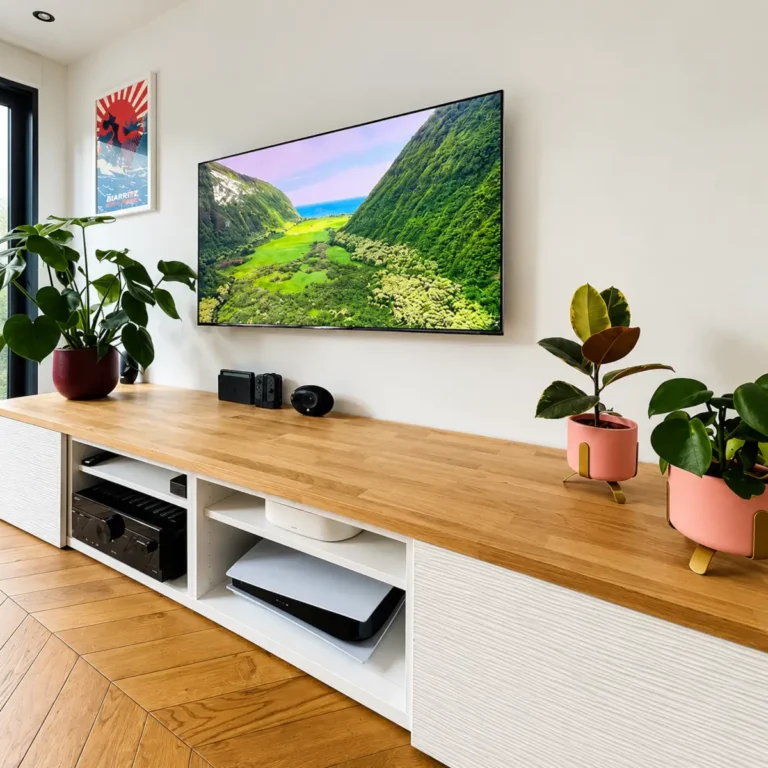 Mueble de TV a medida con encimera de madera y almacenaje